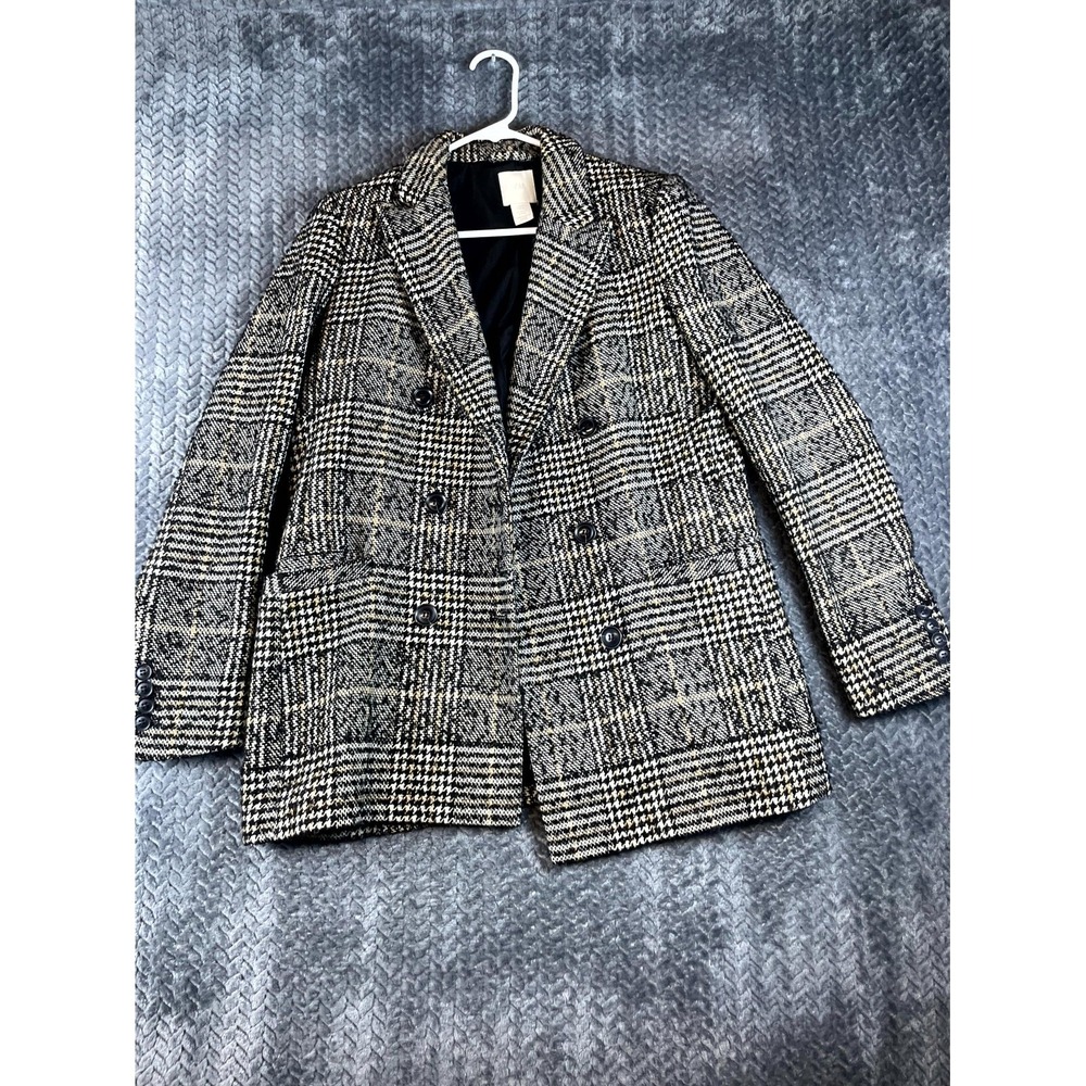 H&M Blazer Jacket Womens 6 Black White Houndstooth Check Double Breasted Formal